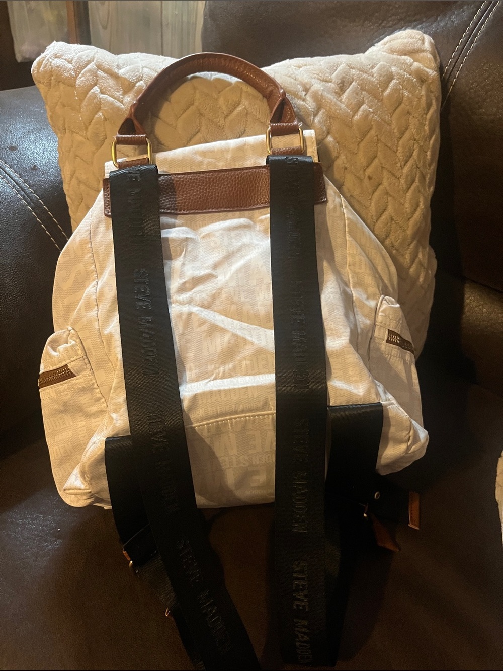 Steve Madden Solly White Canvas Backpack/Purse Brown Faux Vegan Leather Trim - Picture 5 of 8